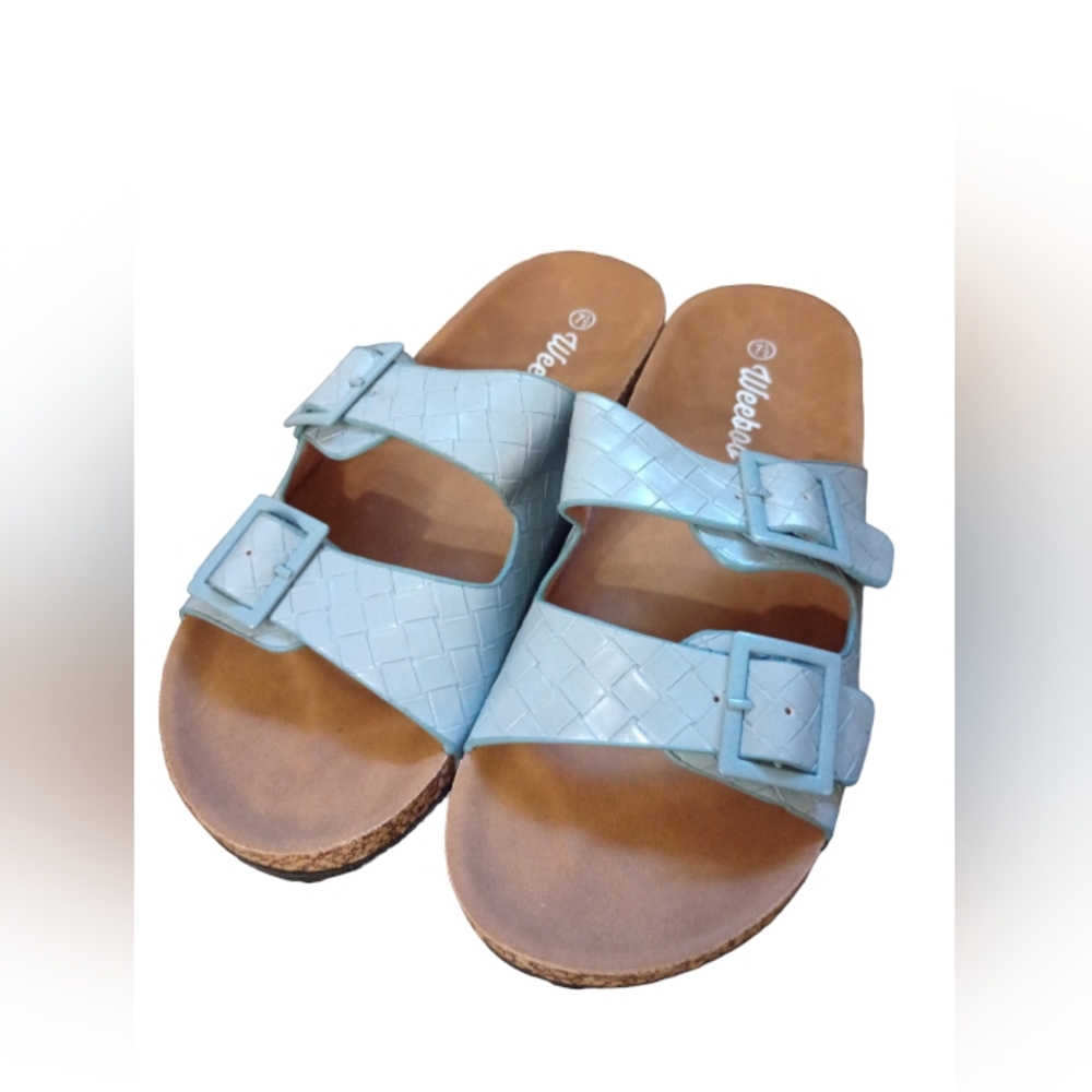 NIB Blue Woven Double Strap Slide Sandal with Cork Bottom